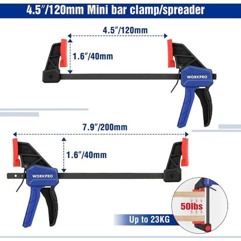 WORKPRO Jeu de 4 Serre-Joints à Libération Rapide, Largeur de Serrage 150 mm et 120 mm, Force de Serrage Maximale de 68 kg et 23 kg pour Travail du Bois, des Métaux et DIY - 4 Pièces