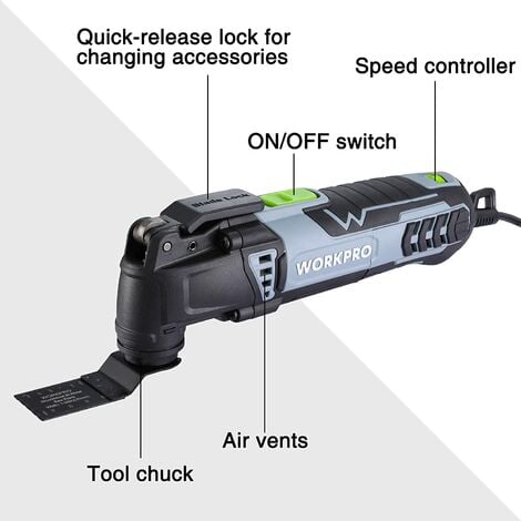 WORKPRO Outil Multifonction Oscillant Filitaire 300W, avec 17 Accessoires, Mécanisme de Changement Rapide de Lame, 7 Vitesses Réglables et Sac de Rangement