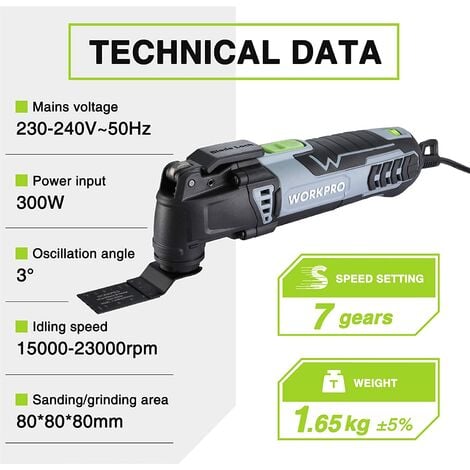 WORKPRO Outil Multifonction Oscillant Filitaire 300W, avec 17 Accessoires, Mécanisme de Changement Rapide de Lame, 7 Vitesses Réglables et Sac de Rangement