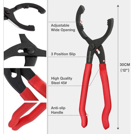 WORKPRO Clé Filtre à Huile Réglable 300mm, Pince Filtre à Huile avec Mâchoire Dentelée, Outil de Retrait de Filtre à Huile Idéal pour le Démontage et Installation Rapide de Filtre de Moteur