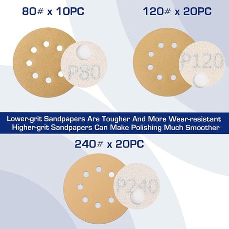 WORKPRO Disques de Ponçage 50 Pièces, Grain 80, 120, 240, 3 Fois Plus Résistant, Disques Abrasifs 125mm de Qualité avec 8 Trous pour Pollisage, Dérouillage, Finition - 50 Pièces