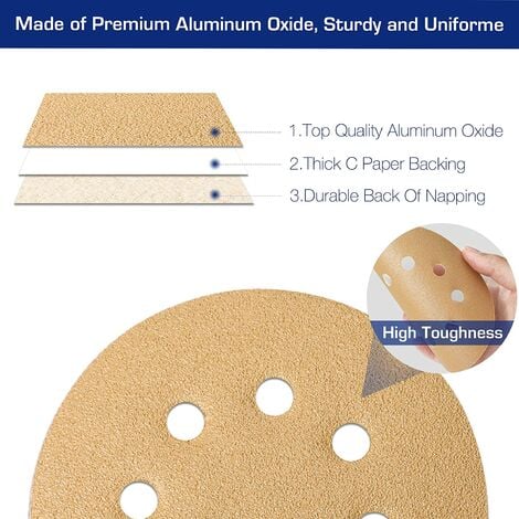 WORKPRO Disques de Ponçage 50 Pièces, Grain 80, 120, 240, 3 Fois Plus Résistant, Disques Abrasifs 125mm de Qualité avec 8 Trous pour Pollisage, Dérouillage, Finition - 50 Pièces