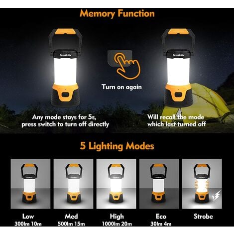 Lanterne LED rechargeable, lampe de camping 1000 lumens 360, spot portable LED  rechargeable, ultra puissant, lampe de camping 6 modes, câble USB inclus