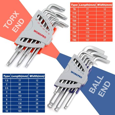 WORKPRO Jeu de 18 Clés Allen Hexagonales en Cr-V avec Tête Plate, Torx, Sphérique, Clés Males avec Etui Portative pour Réparation et Assemblage de Vélo, Moto, Voiture, Electroménager