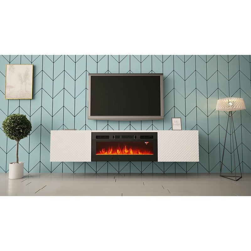 Meuble TV Kalva 180 cm avec une cheminée électrique, blanc brillant à  lattes - Selsey