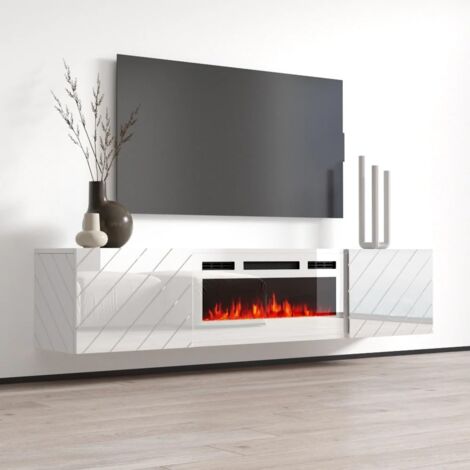 Bim Furniture – Meuble TV avec cheminée électrique blanc brillant – Dimensions 183x35x38cm – Corps en stratifié 16mm – Télécommande réglable - cm183x35x38h (1/8)