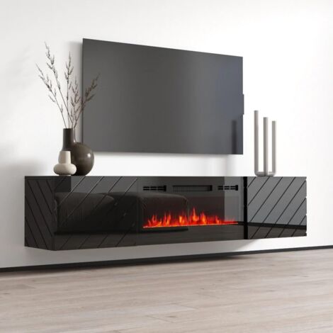 Bim Furniture – Meuble TV noir brillant avec cheminée électrique – Dimensions 183x35x38h cm – Matériaux MDF et plaque laminée – Ambiance chaleureuse réglable - cm183x35x38h (1/6)