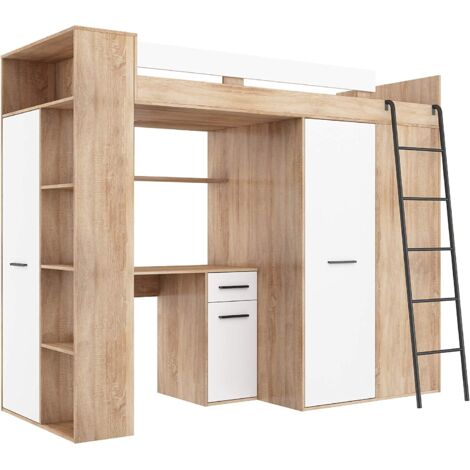 Bim Furniture – Armoire enfant avec lit mezzanine et bureau – Dimensions H190x120x236cm – Panneau stratifié 16mm – Fermeture silencieuse (1/6)
