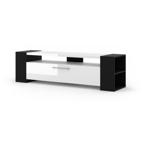 Bim Furniture – Meuble TV Livia 160 cm noir et blanc brillant – Corps en panneau laminé – Gestion des câbles intégrée – Espace de rangement optimisé (1/4)