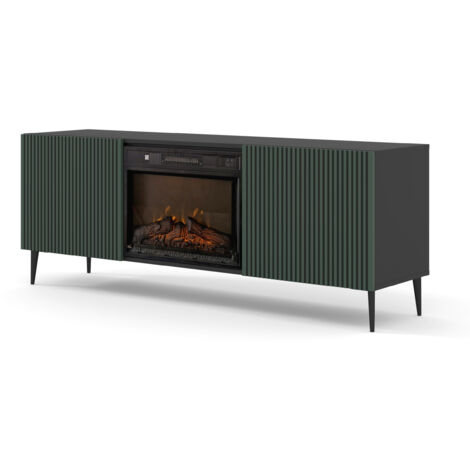 Meuble TV RAVENNA 2D 170 cm armoire avec cheminée noir/vert (1/5)