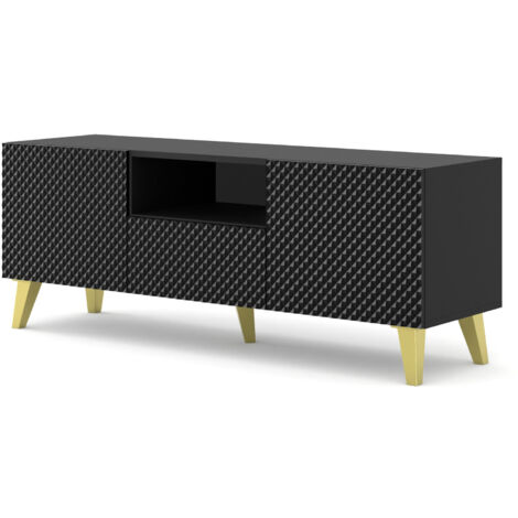 Meuble TV Ravenna C 150 cm 2D1S Noir Brillant, Pieds Dorés (1/5)