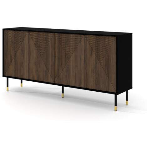 Commode WOODY IV 180 cm 4D fraisée noir mat / chêne catania (1/5)