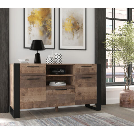 Commode NUKA C 155x45x87 cm Chêne Grange avec 2 tiroirs, 2 compartiments ouverts, 3 portes, commode pour salon, grand espace de rangement (1/5)