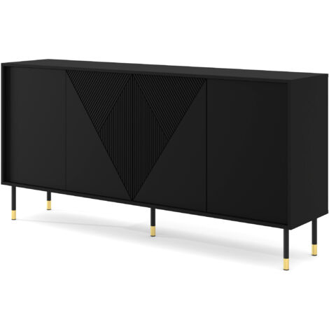 Petits-Meubles – Commode WOODY 180 cm 4 portes – Façades fraisées en MDF noir mat – Pieds en métal noir et doré – Système PUSH TO OPEN - CM 4 D (1/5)