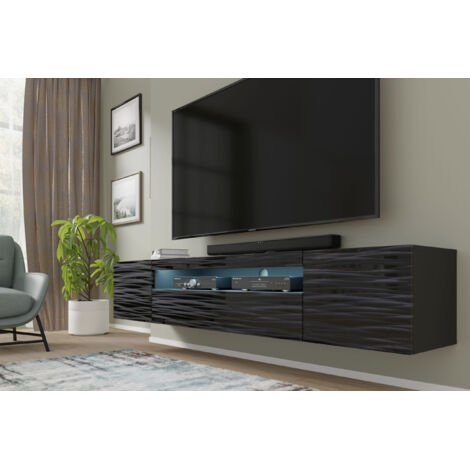 Meuble TV AURA Noir Sahara 200x37x42 cm, Suspendu ou sur Pieds, Meuble TV Universel, Lowboard avec rangement, Ouverture pour câbles, Salon Noir Sahara avec Éclairage LED Bleu (1/5)
