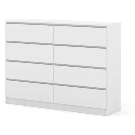 Bim Furniture – Commode MAJA S8 140 cm blanc mat – 8 tiroirs spacieux – Panneau stratifié – Design minimaliste pour chambre et salon