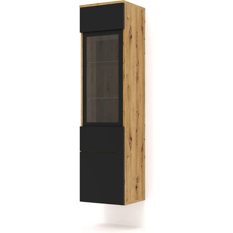 Bim Furniture – Vitrine colonne moderne 37x33x144 cm – Chêne artisanal et noir mat – 2 portes en verre – 4 étagères dont 2 en verre