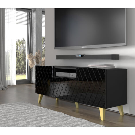 Meuble TV DIUNA 145 cm 2D1K sur pieds, noir brillant (1/5)
