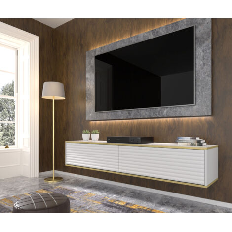 Ac-Deco – Meuble TV suspendu 180 cm – Blanc mat rainuré – Système PUSH TO OPEN – Design moderne pour salon et chambre