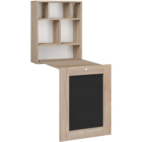 Bim Furniture – Bureau mural pliant chêne 145x90x60cm – 6 étagères intégrées – Verrouillable avec clé – Meuble ergonomique et pratique (1/10)