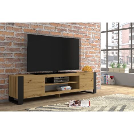 Bim Furniture – Meuble TV chêne rustique 188x40x47 cm – Pieds noirs en métal – Compartiments de rangement et étagères ouvertes – Pour appareils multimédias - noirs188x47Hx40 (1/6)