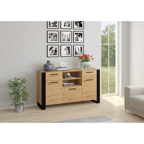 Commode NUKA C Sideboard 155x45x87 cm Chêne Artisan/Noir Mat avec 3 portes et 2 tiroirs, commode pour salon, grand espace de rangement (1/9)