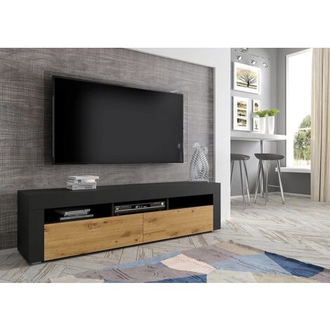 Meuble TV MORENO 160 cm suspendu ou debout – noir mat / chêne artisanal – 3 étagères ouvertes – compartiments verrouillables – Salone Srl (1/7)