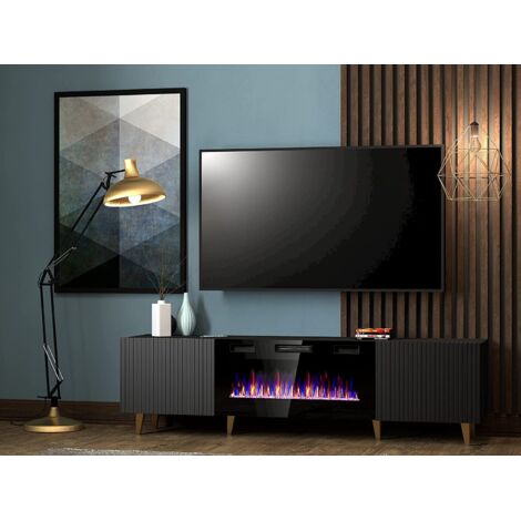 Bim Furniture – Meuble TV avec cheminée électrique Pafos 180,5 cm – Noir mat – Façade MDF stratifié – Ambiance chaleureuse réglable - cm180x40x49 (1/6)