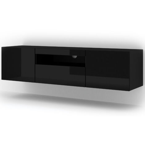 Bim Furniture – Meuble TV suspendu ou à poser 150x37x42 cm – Panneaux stratifiés et MDF – Compartiments ouverts et fermés – Noir brillant moderne