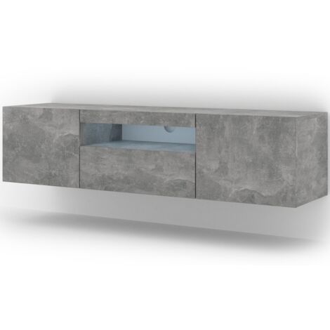 Meuble TV béton 150 cm – Éclairage LED inclus – Panneaux stratifiés – Suspendu ou sur pied – 3 compartiments fermés – 1 étagère ouverte – Salone Srl (1/10)