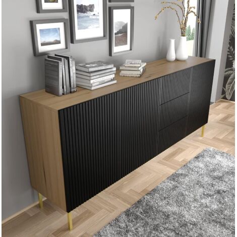 Commode RAVENNA B 200 cm 3D3S fraisé chêne artisanal / noir mat + cadre (1/5)