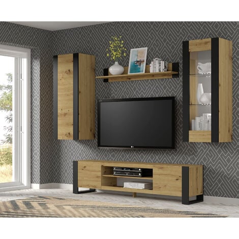 Vitrine suspendue pleine MONDI 125 cm chêne artisanal / noir mat