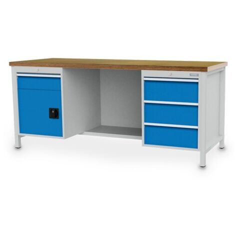 Kastenwerkbank Breite 2000 mm, R18-24, 4 x Schublade, 1 x Flügeltüre, 1 x Stahlfachboden halbe Tiefe, Rückwand Maße in mm (BxTxH): 2000 x 750 x 959 (1/4)