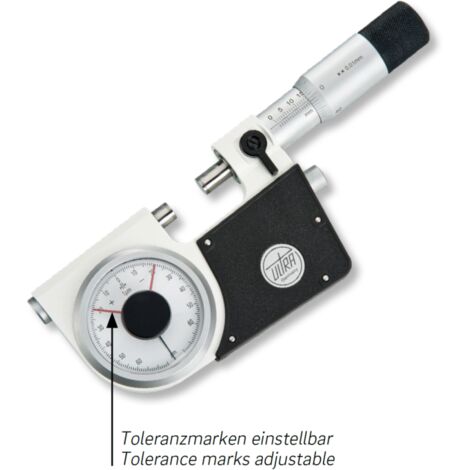 Bügelmessschrauben mit Feinzeiger und Anlüftung 0-25/0,002/0,01mm