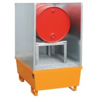 Auffangwanne Typ AS für 1 200-Liter Fass mit Fassauflage und Spritzschutzwand