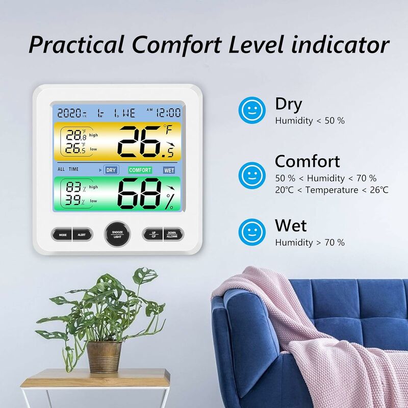 TS-6211 LCD Wall-Mounted Desktop Indoor High-Precision Thermometer Hygrometer Household Electronic Alarm Clock - White