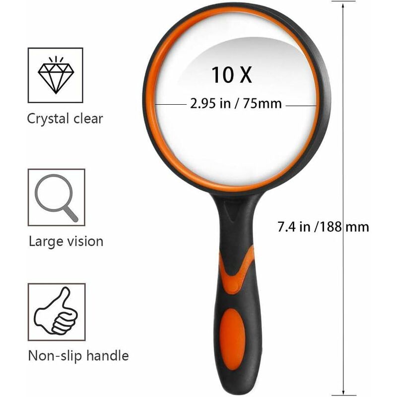 10X Shatterproof Magnifying Glass Handheld Reading Magnifier - 100MM Large  Magnifying Lens with Non-Slip Soft Handle for Book Newspaper Reading, Hobby