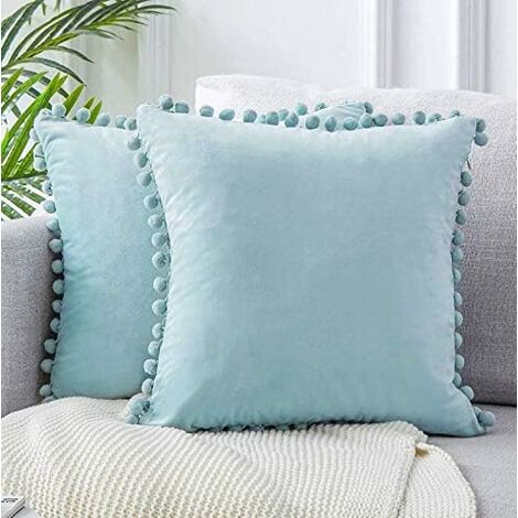 SOEKAVIA 2 Pcs Velvet Cushion Cover Decorative Pillow Case Super Soft Pure Color Fur Ball Pillow Case Home Living Room Bedroom for Sofa Pillow Case (Light Blue)