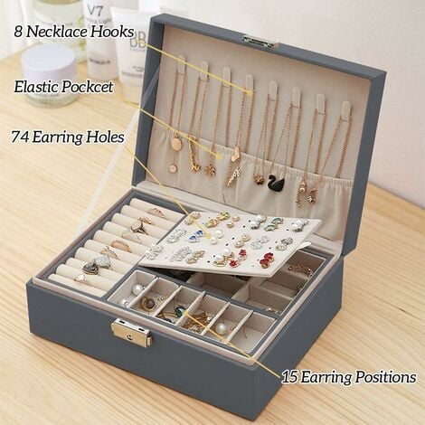 Velvet Jewelry Box Organizer - Lockable 2 Layer Travel Case, Earrings Storage with Removable Tray for Women, Men (Green)