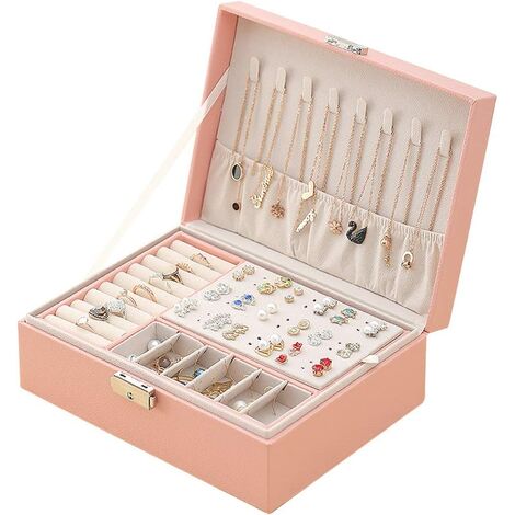 Women's Jewelry Box, 2 Layer Lockable Leather Jewelry Box Jewelry Organizer, Small Jewelry Storage Case Ring Storage Earrings Necklaces (Pink) SOEKAVIA