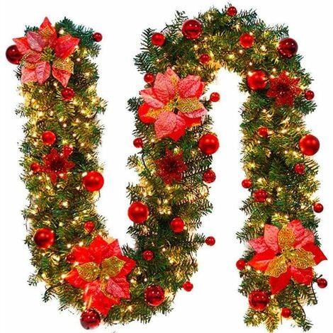 Christmas garland with LED light chain lighting 270cm Christmas garland Artificial Christmas garland Christmas decoration Christmas, door wreath inside and outside (red) SOEKAVIA