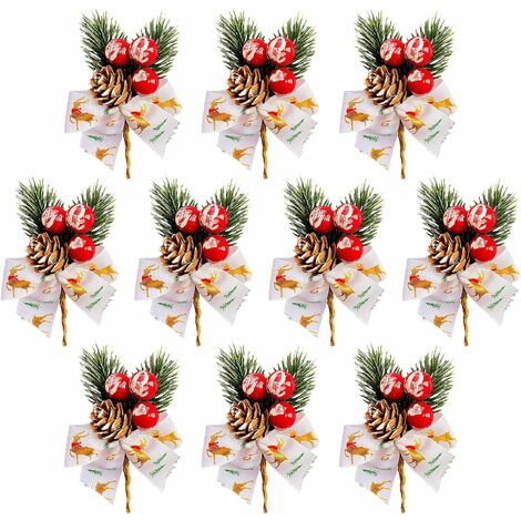 20 pieces of Christmas berry stems pine branches 10 cm artificial red berries selection with pine cones and bows artificial pine cone branches craft garland selection for DIY Christmas wreath garland craft decoration