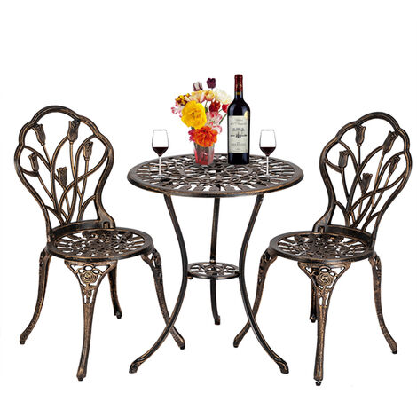 Home Source Grey Bistro Set Outdoor Patio Garden Furniture Table and Metal Frame, 2 Chairs