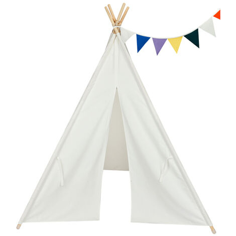 Kids Teepee Tent, Classic Indian Play Tent for Child, Foldable Playhouse for Indoor or Outdoor Play, Cotton Canvas Children Tents for Girl and Boy with Carry Bag （White）