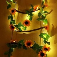 2 meters 20 LED flower wreath, green leaf rattan fairy string lights warm white wedding party holiday terrace decoration, battery-powered (sunflower)