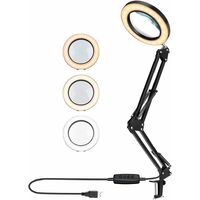 LED Desk Lamp, 5X LED Magnifying Lamp Adjustable Eye-Caring Reading Lamp with Clamp, Metal Swing Arm Magnifier Light 3 Colors Illuminated for Reading, Studying, Office, Rework Craft（Black)