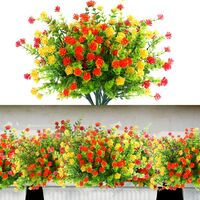 Outdoor Fake Flowers 8 Bunch for Home Decor, Plastic Artificial Plants and Flowers for Outside Hanging Planters Window Box, Artificial Flowers Bulk for Patio Porch Wedding Party Decorations, Red Yellow Orange