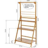 3-Tier Bamboo Plant Stand, Stable Reliable and Durable, Plant Pots Ladder Shelf with Hanging Rod, for Outdoor Balcony Indoor Living Room, Foldable Garden Plant Shelf