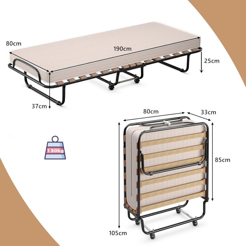 GOPLUS Brandina Pieghevole con Materasso 10 cm, 190 x 80 x 39 cm, Carico  130 kg