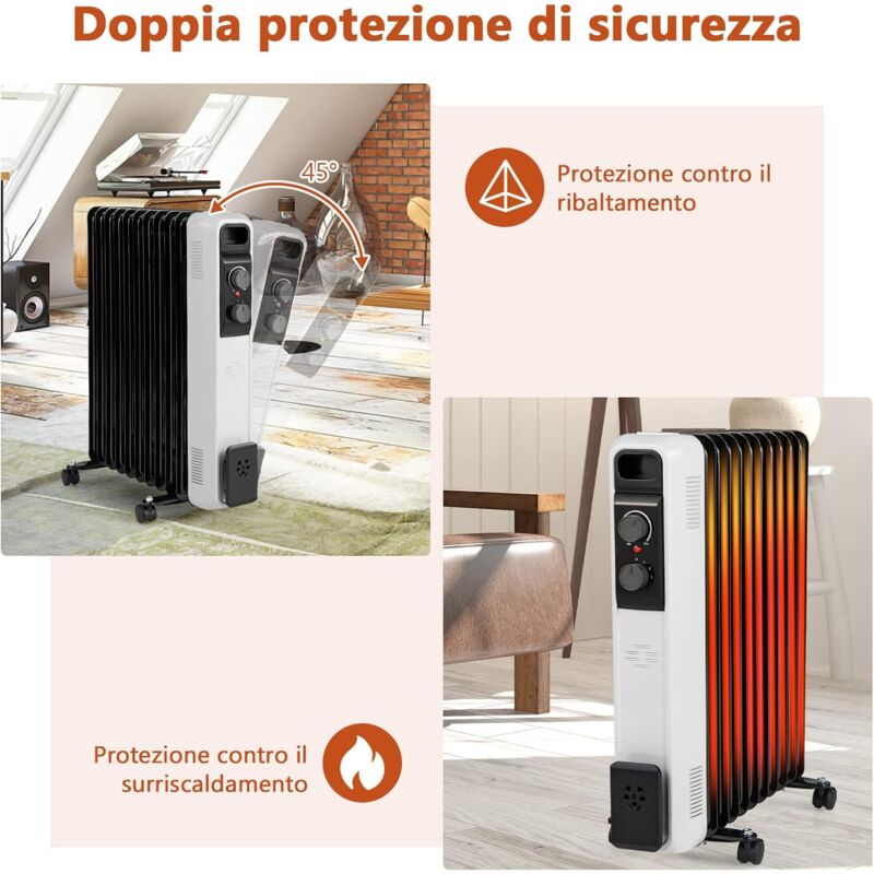 GOPLUS Radiatore ad Olio 2500W, Riscaldatore Elettrico Portatile, 3 Calore  Regolabile, Protezione da Surriscaldamento e Ribaltamento, Silenzioso con  Ruote